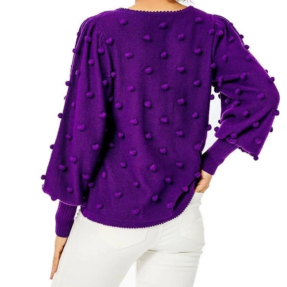 Lilly Pulitzer Kippa Sweater Pullover Purple Pom Bobble Long Sleeve Sz L REPAIR - Picture 2 of 9